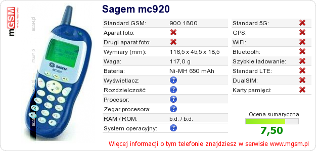 Dane telefonu Sagem mc920 Dane telefonu Sagem mc920