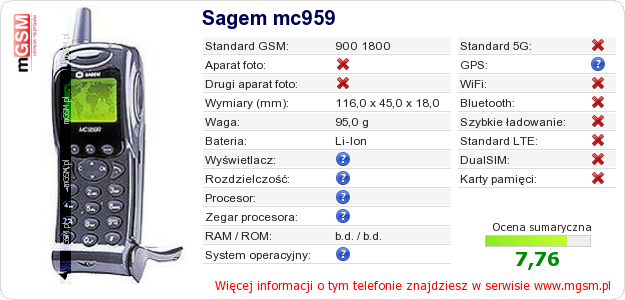 Dane telefonu Sagem mc959 Dane telefonu Sagem mc959