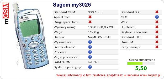 Dane telefonu Sagem my3026