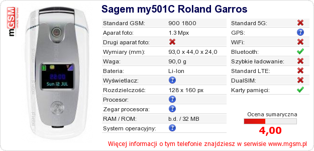 Dane telefonu Sagem my501C Roland Garros
