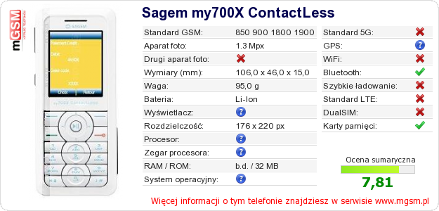 Dane telefonu Sagem my700X ContactLess