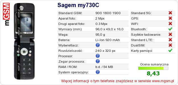 Dane telefonu Sagem my730C Dane telefonu Sagem my730C