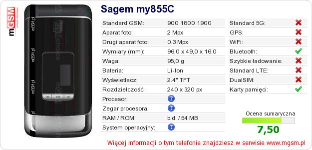 Dane telefonu Sagem my855C