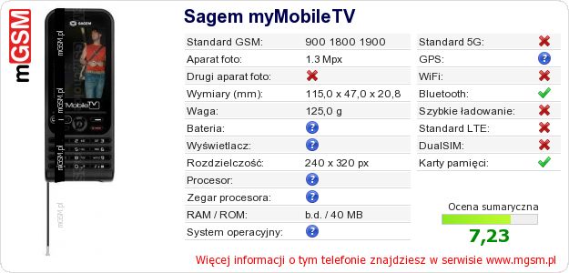 Dane telefonu Sagem myMobileTV