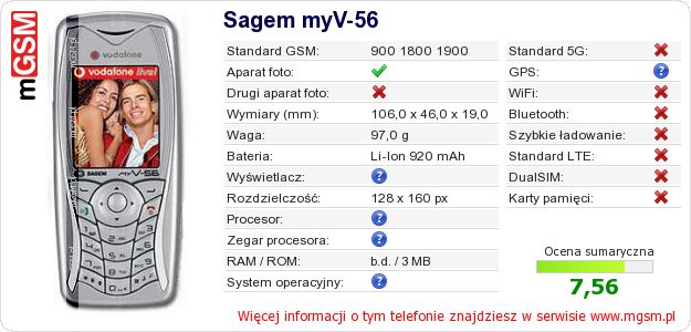 Dane telefonu Sagem myV-56 Dane telefonu Sagem myV-56