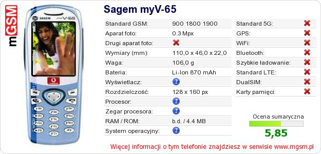 Dane telefonu Sagem myV-65 Dane telefonu Sagem myV-65