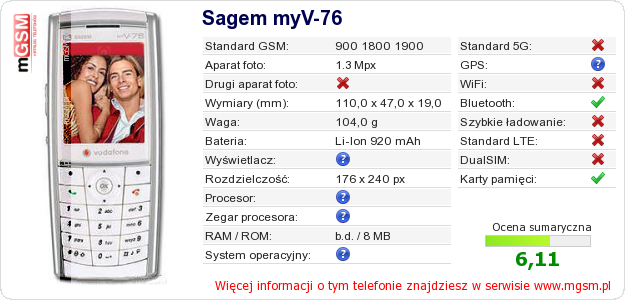 Dane telefonu Sagem myV-76 Dane telefonu Sagem myV-76
