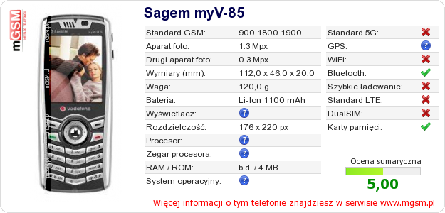 Dane telefonu Sagem myV-85 Dane telefonu Sagem myV-85