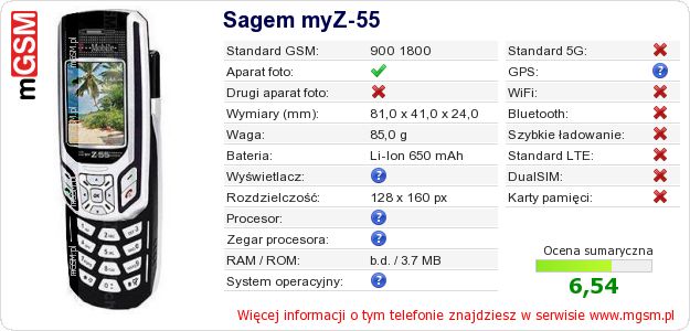 Dane telefonu Sagem myZ-55 Dane telefonu Sagem myZ-55
