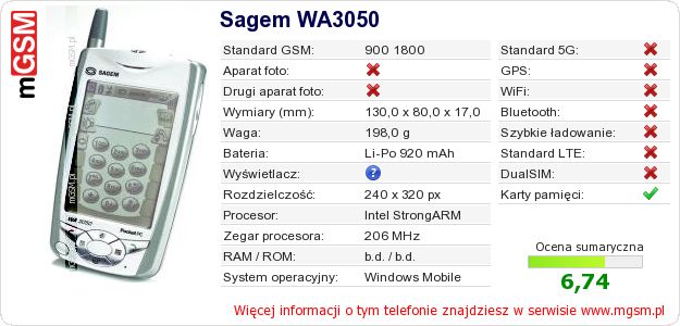 Dane telefonu Sagem WA3050