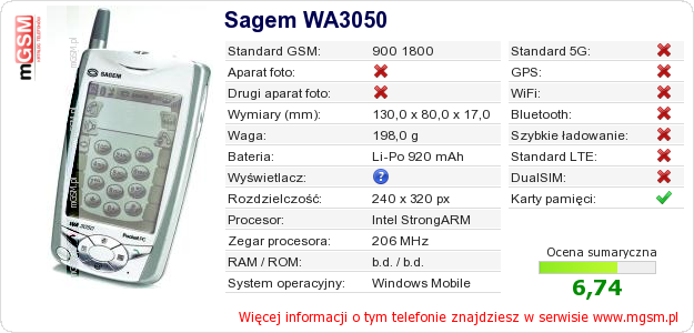 Dane telefonu Sagem WA3050