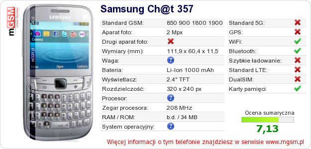 Dane telefonu Samsung Ch@t 357