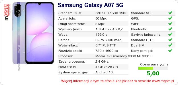 Dane telefonu Samsung Galaxy A07 5G