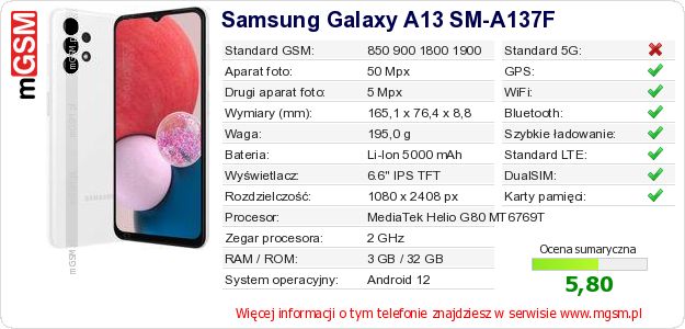 Dane telefonu Samsung Galaxy A13 SM-A137F