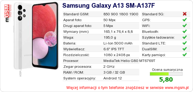Dane telefonu Samsung Galaxy A13 SM-A137F