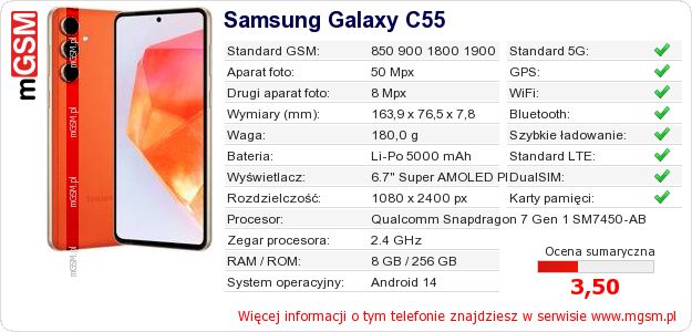 Dane telefonu Samsung Galaxy C55