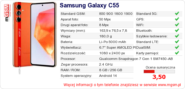 Dane telefonu Samsung Galaxy C55