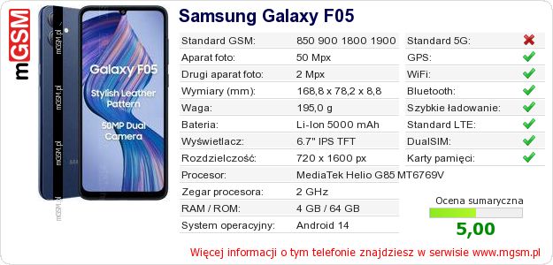 Dane telefonu Samsung Galaxy F05 Dane telefonu Samsung Galaxy F05