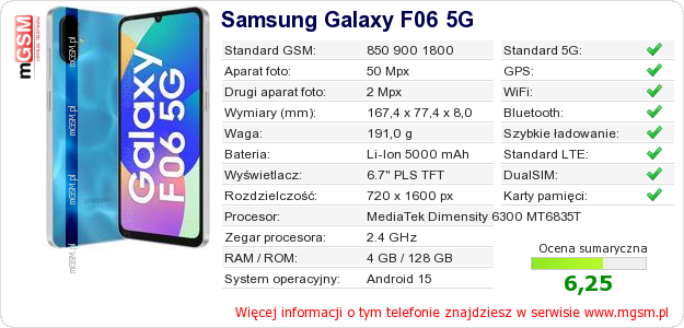 Dane telefonu Samsung Galaxy F06 5G Dane telefonu Samsung Galaxy F06 5G