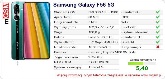 Dane telefonu Samsung Galaxy F56 5G Dane telefonu Samsung Galaxy F56 5G