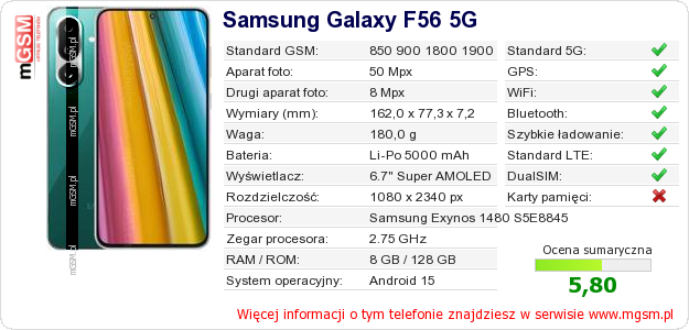 Dane telefonu Samsung Galaxy F56 5G