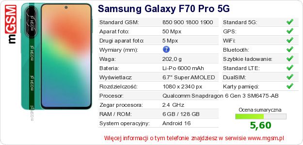 Dane telefonu Samsung Galaxy F70 Pro 5G Dane telefonu Samsung Galaxy F70 Pro 5G
