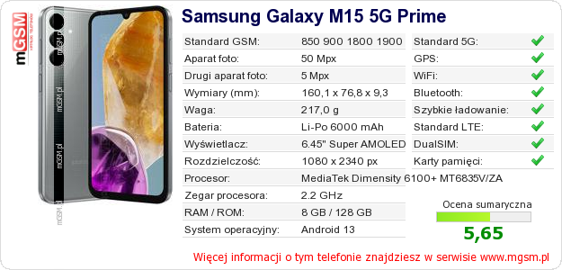 Dane telefonu Samsung Galaxy M15 5G Prime
