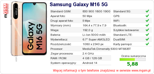 Dane telefonu Samsung Galaxy M16 5G