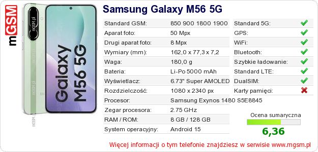 Dane telefonu Samsung Galaxy M56 5G Dane telefonu Samsung Galaxy M56 5G