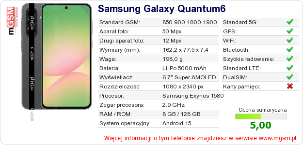 Dane telefonu Samsung Galaxy Quantum6 Dane telefonu Samsung Galaxy Quantum6