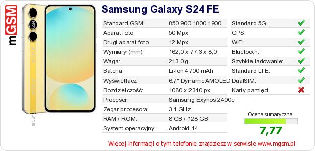 Dane telefonu Samsung Galaxy S24 FE Dane telefonu Samsung Galaxy S24 FE