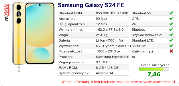 Dane telefonu Samsung Galaxy S24 FE Dane telefonu Samsung Galaxy S24 FE