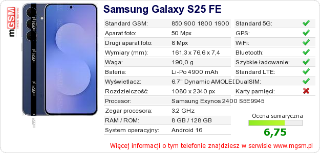 Dane telefonu Samsung Galaxy S25 FE