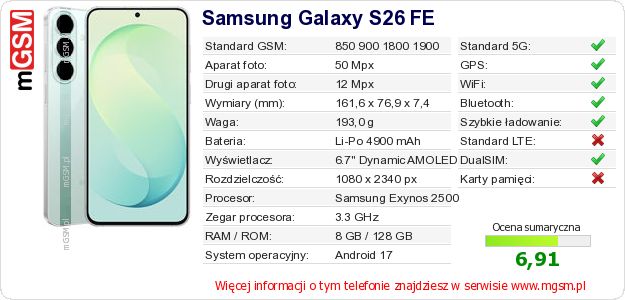 Dane telefonu Samsung Galaxy S26 FE Dane telefonu Samsung Galaxy S26 FE