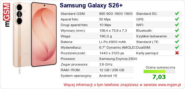 Dane telefonu Samsung Galaxy S26+ Dane telefonu Samsung Galaxy S26+