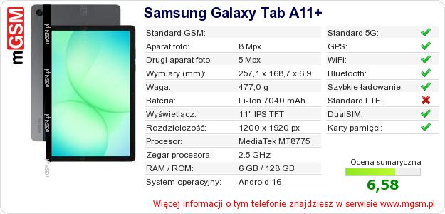Dane telefonu Samsung Galaxy Tab A11+ Dane telefonu Samsung Galaxy Tab A11+