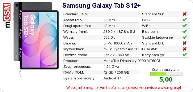 Dane telefonu Samsung Galaxy Tab S12+ Dane telefonu Samsung Galaxy Tab S12+