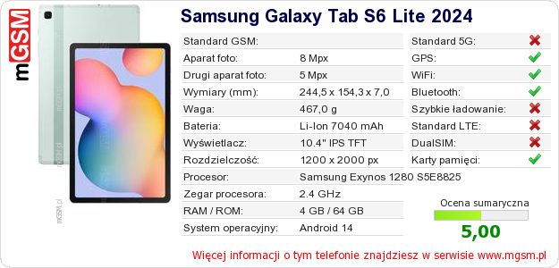 Dane telefonu Samsung Galaxy Tab S6 Lite 2024 Dane telefonu Samsung Galaxy Tab S6 Lite 2024