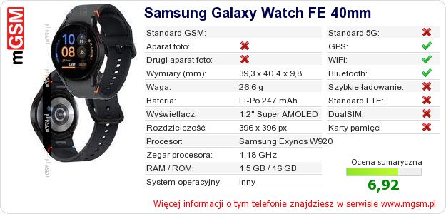 Dane telefonu Samsung Galaxy Watch FE 40mm Dane telefonu Samsung Galaxy Watch FE 40mm