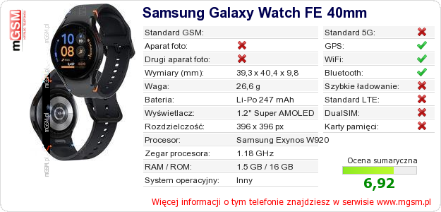 Dane telefonu Samsung Galaxy Watch FE 40mm