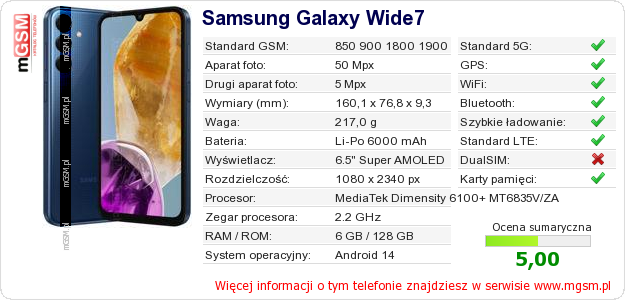 Dane telefonu Samsung Galaxy Wide7 Dane telefonu Samsung Galaxy Wide7