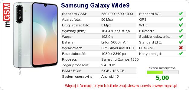 Dane telefonu Samsung Galaxy Wide9 Dane telefonu Samsung Galaxy Wide9