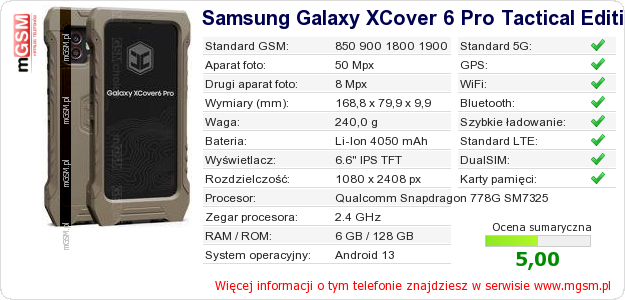 Dane telefonu Samsung Galaxy XCover 6 Pro Tactical Edition Dane telefonu Samsung Galaxy XCover 6 Pro Tactical Edition