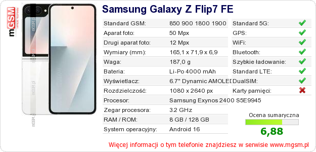 Dane telefonu Samsung Galaxy Z Flip7 FE
