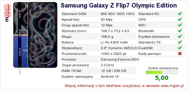 Dane telefonu Samsung Galaxy Z Flip7 Olympic Edition