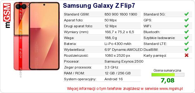 Dane telefonu Samsung Galaxy Z Flip7 Dane telefonu Samsung Galaxy Z Flip7