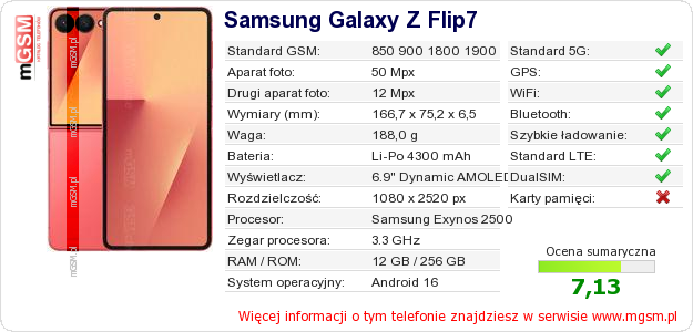 Dane telefonu Samsung Galaxy Z Flip7 Dane telefonu Samsung Galaxy Z Flip7