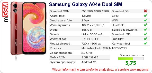 Dane telefonu Samsung Galaxy A04e Dual SIM