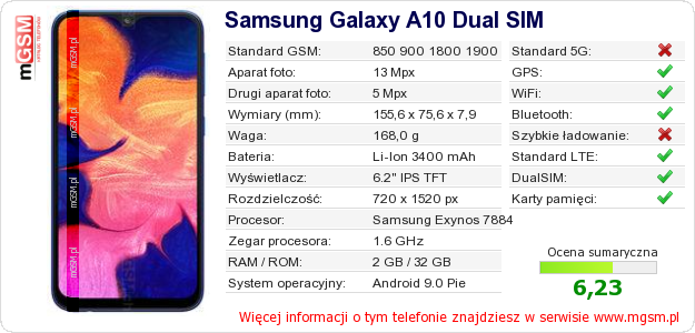 Dane telefonu Samsung Galaxy A10 Dual SIM