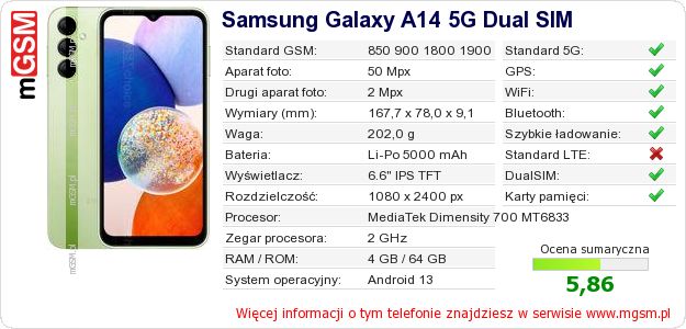 Dane telefonu Samsung Galaxy A14 5G Dual SIM Dane telefonu Samsung Galaxy A14 5G Dual SIM